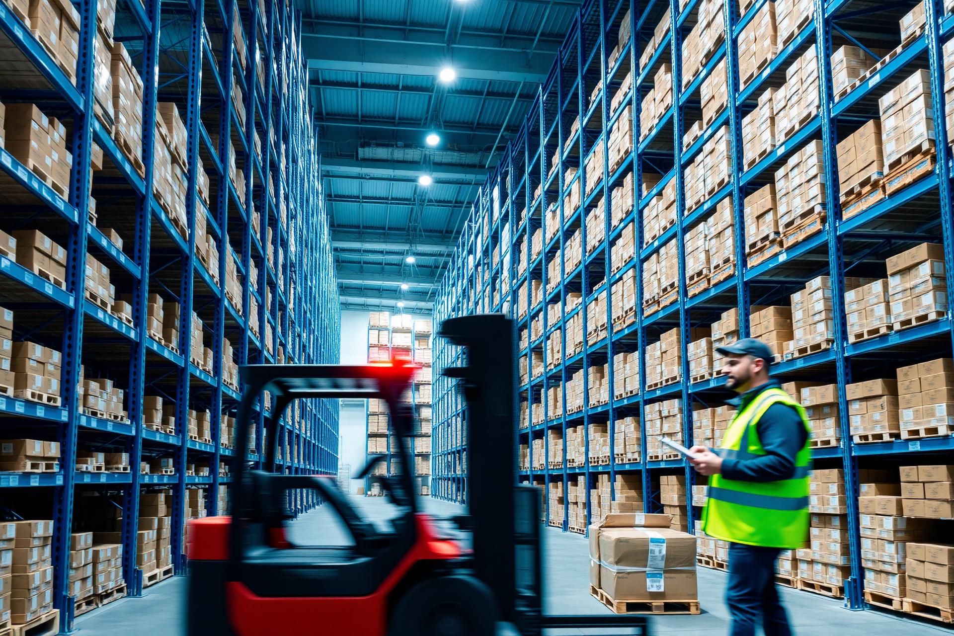 Modern logistics warehouse with forklifts and racks